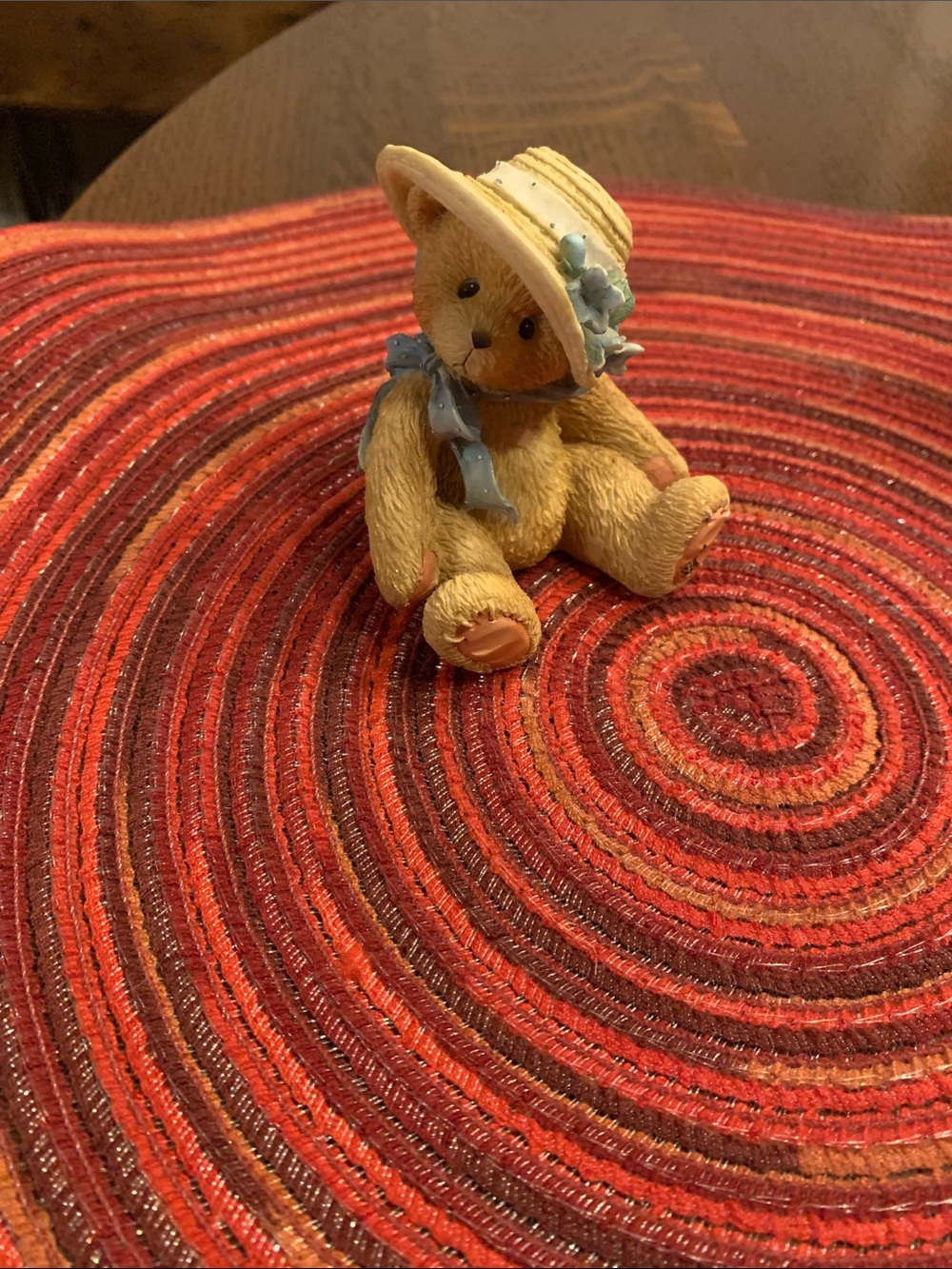 Cherries Teddies “Christy” Hand-Painted Tan Bear Figurine with Blue Hat and Bow